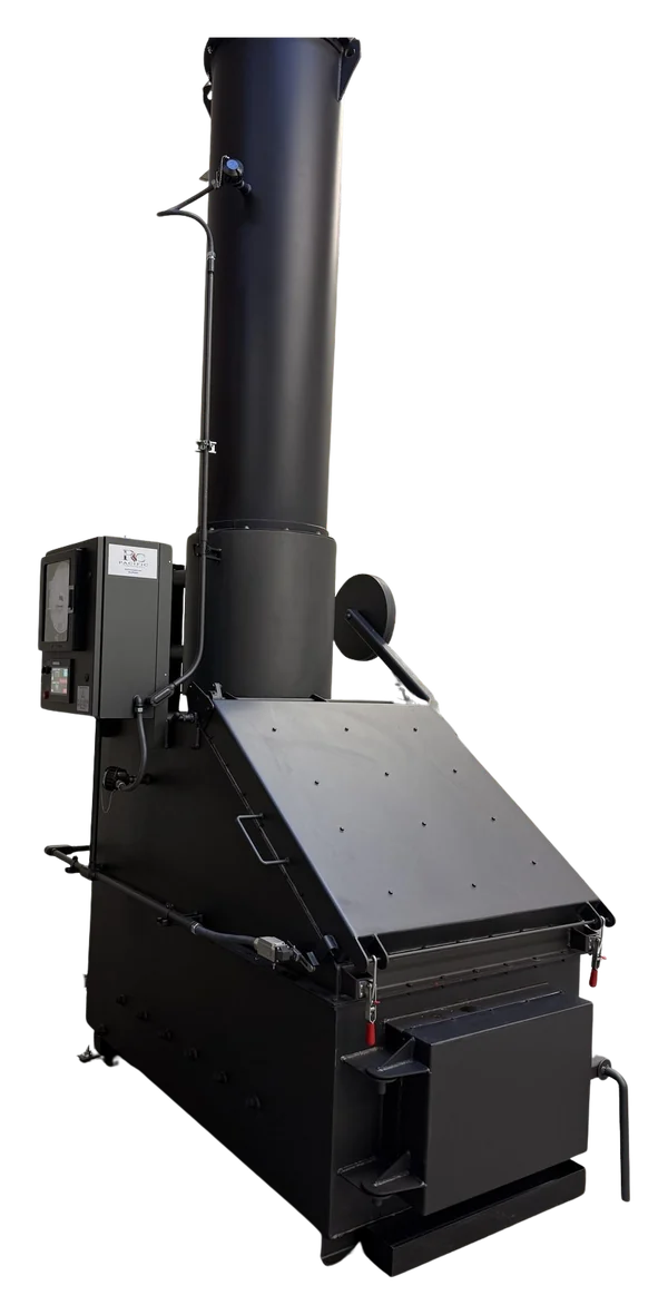 The Pacific Crematory PC-PT pet cremation unit with its top-load door, touchscreen control panel, and stack installed.